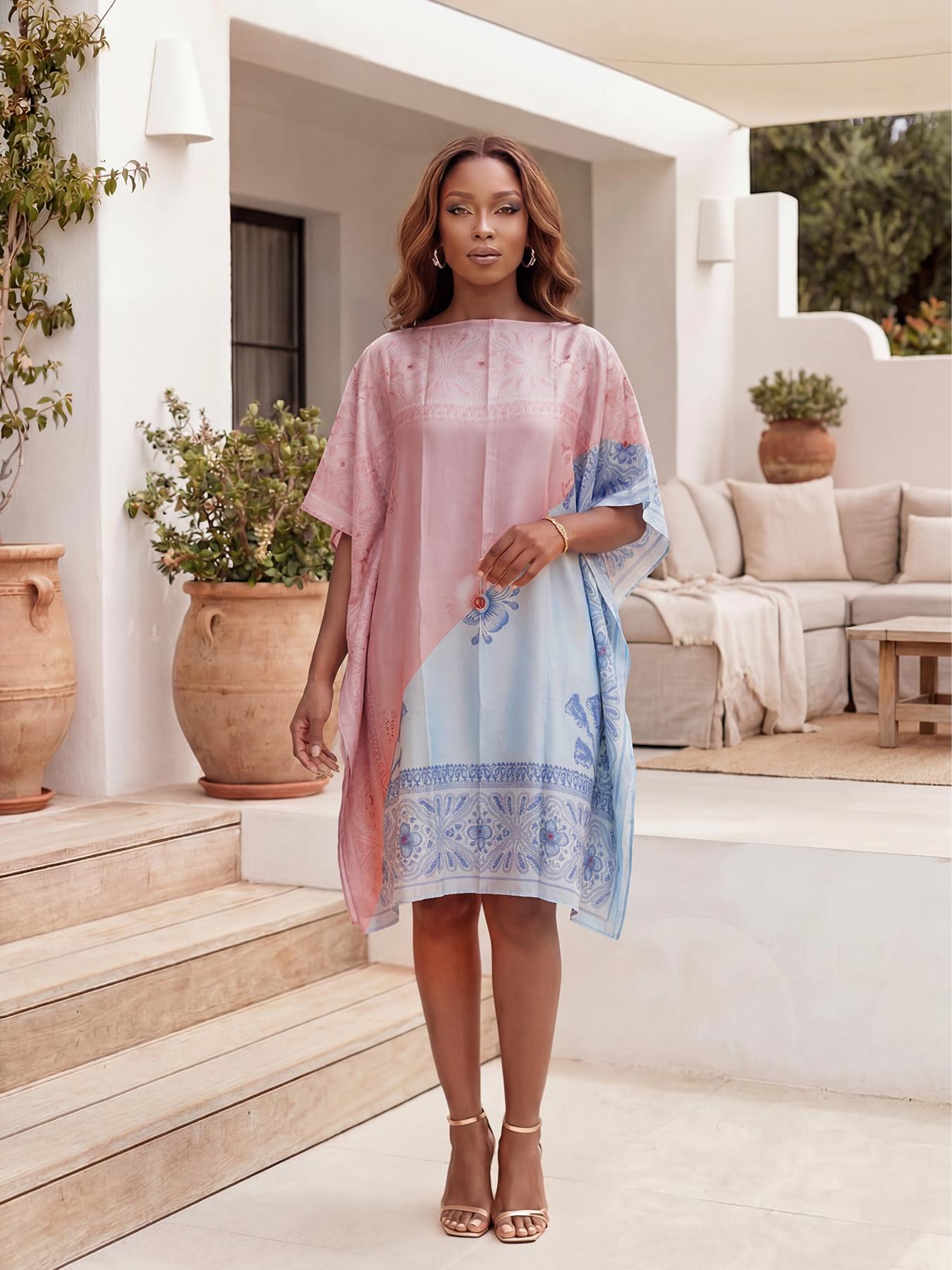 Women's Fashion Floral Print Shawl, Breathable Beach Cover-Up, Geometric Pattern, All-Season Fitted Wrap, Summer Essential, Beach Cover Ups, Summer Coverup