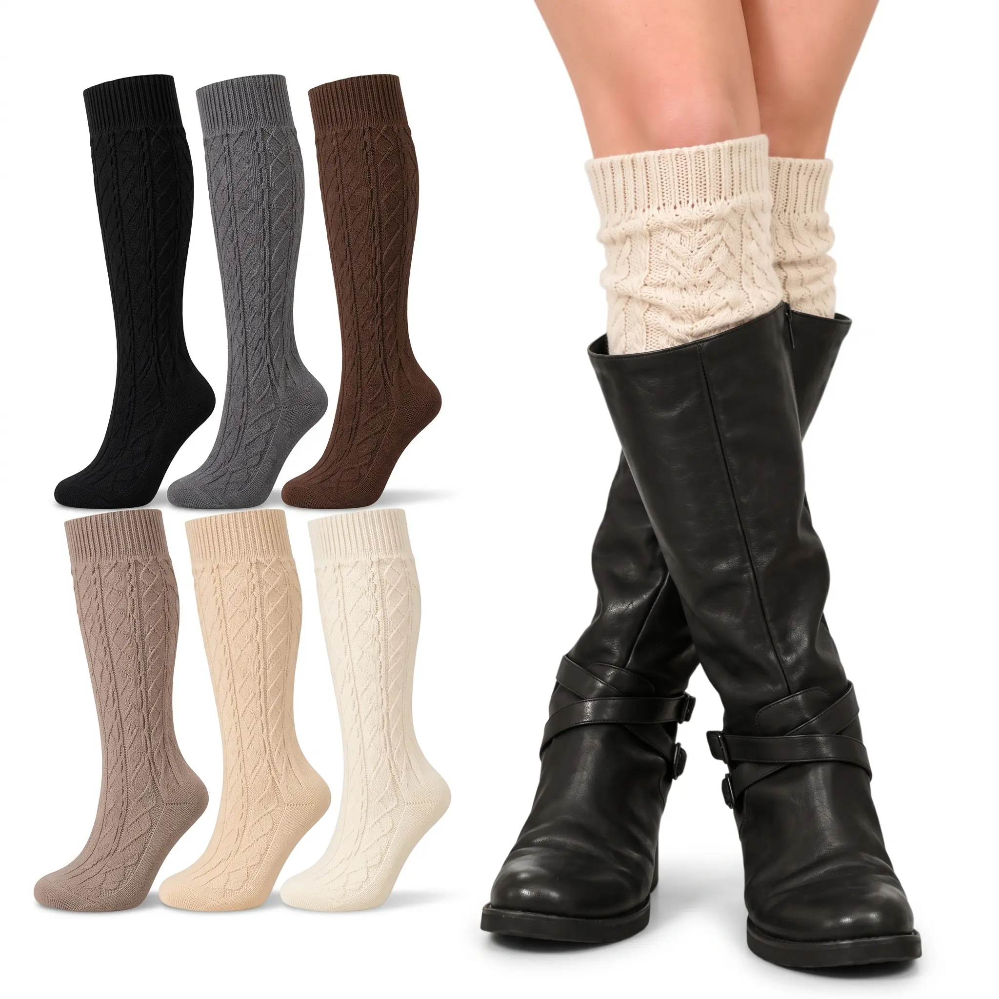 6 Pairs Women's Knee High Socks Cable Knit Slouch Socks for Tall Boots Vintage Long Winter Warm Boot Socks, Cozy Long Socks Winter Scrunched Socks for Boots