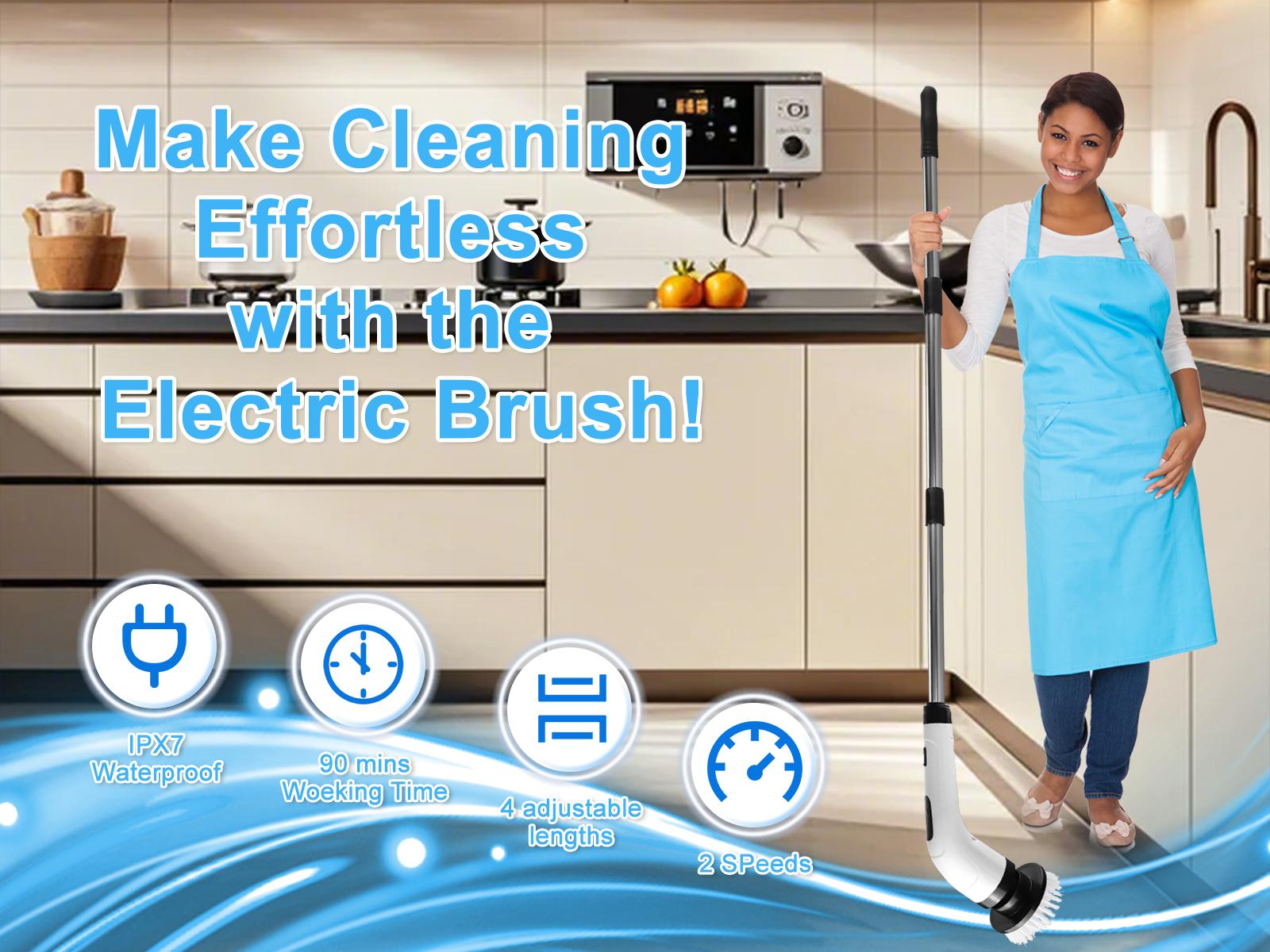 Electric Rotating Cleaning Brush with 2-Speed Settings, Adjustable Extension Rod Handle, and Detachable Brush Heads – Perfect for Cleaning Kitchens, Bathrooms, and More