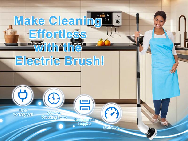 Electric Rotating Cleaning Brush with 2-Speed Settings, Adjustable Extension Rod Handle, and Detachable Brush Heads – Perfect for Cleaning Kitchens, Bathrooms, and More
