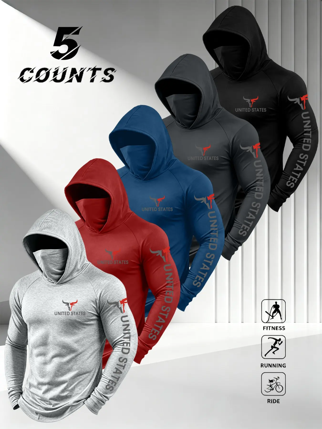 5-Pack Men's Hooded Sportswear Long Sleeve Tops, Active Hoodies, Tactical Style, Moisture-Wicking Fabric, Ideal for Running & Outdoor Activities