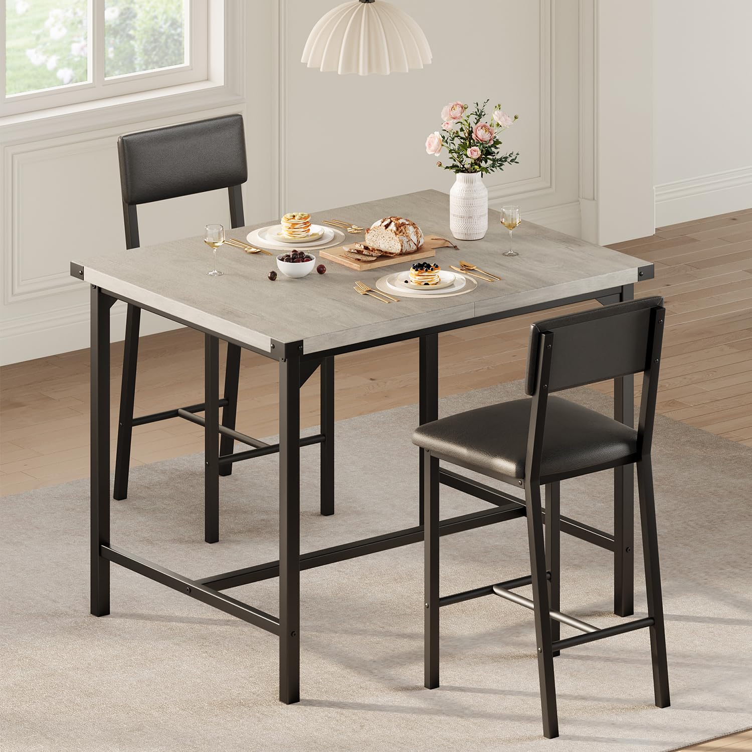 Dining Table Set for 2 w/Counter Height Table & 2 Upholstered Bar Stools, 3-Piece Kitchen Table Set with Footrest & Corner Protector, for Kitchen Room, Apartment Dining Table Set for 2 w/Counter Height Table & 2 Upholstered Bar Stools, 3-Piece Kitchen Table Set with Footrest & Corner Protector, for Kitchen Room, Apartment