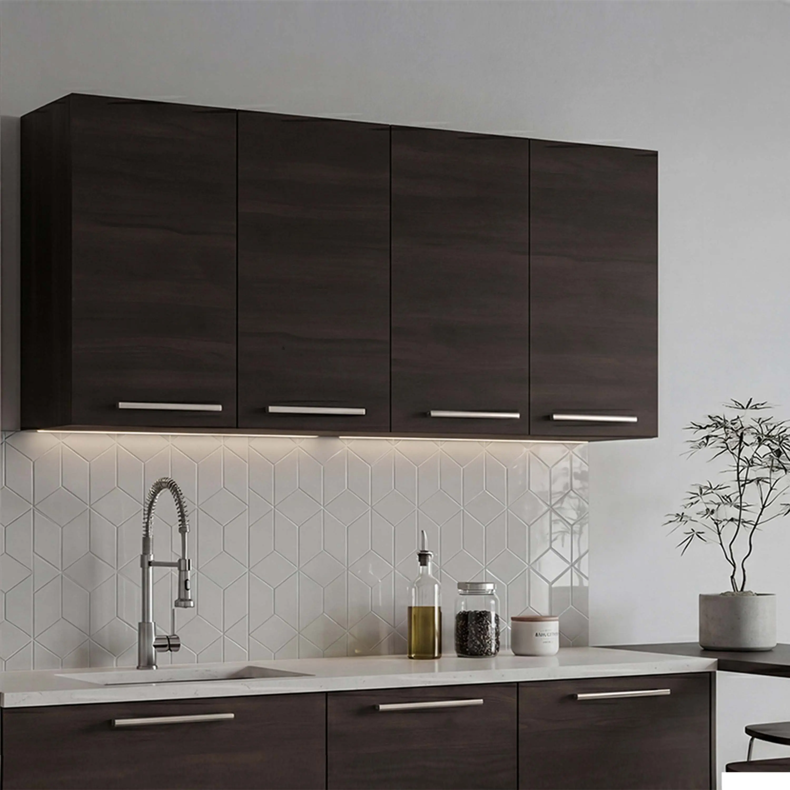 Nokaa Wall Mounted Four Door Kitchen Cabinet with Built-In Dish Drying Rack, 47.2"W x 23.6"H x 13.1"D, Dark Walnut Particle Board, Overhead Storage for Dishes, Mugs, Cookware, Pantry, Garage, Laundry Room
