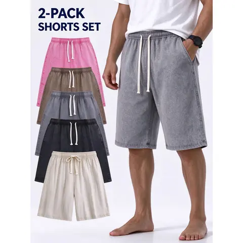 Wayii Men's 2PC H-Type Acid Washed Heavyweight Soft Cotton Blend Above-Knee Pocketed Active Shorts - Adjustable Elastic Waist, Drawstring, Minimalist Casual Fabric, Vintage Streetwear Bottoms, Beach Style, Matching Top, Free Return/Exchange