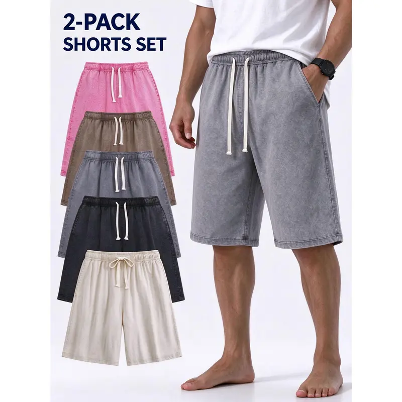 Wayii Men's 2PC H-Type Acid Washed Heavyweight Soft Cotton Blend Above-Knee Pocketed Active Shorts - Adjustable Elastic Waist, Drawstring, Minimalist Casual Fabric, Vintage Streetwear Bottoms, Beach Style, Matching Top, Free Return/Exchange