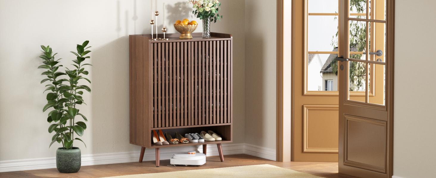 Vabches 6-Tier Shoe Cabinet with Grille Doors, Large Wooden Shoe Storage Cabinet with Adjustable Shelves, Mid-Centery Freestanding Shoe Organizer Cabinet for Entryway, Hallway