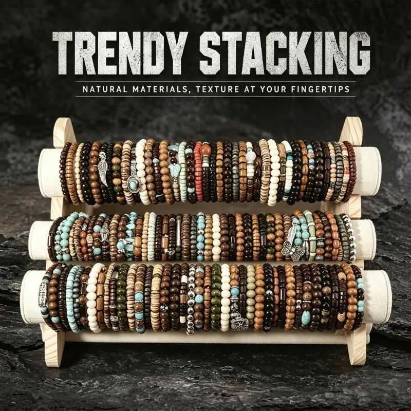 38Pcs Punk Wooden Beads Bracelets Gothic Bracelet for Men | Adjustable Vintage Beaded Bracelet Metal Set Wood Bangles Wristbands Commemorative Gift