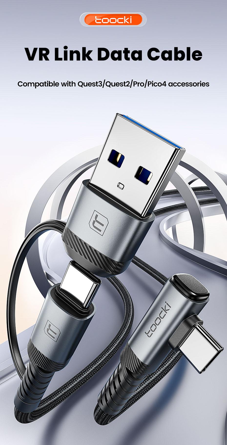 Toocki 5m VR Link Cable 2-in-1 USB A USB C to Type C PD USB3.0 Data Transfer Elbow Wire For Quest3/Quest2/Pro/Pico4 Accessories 90 Degree Elbow USB C To Type C Link Cable