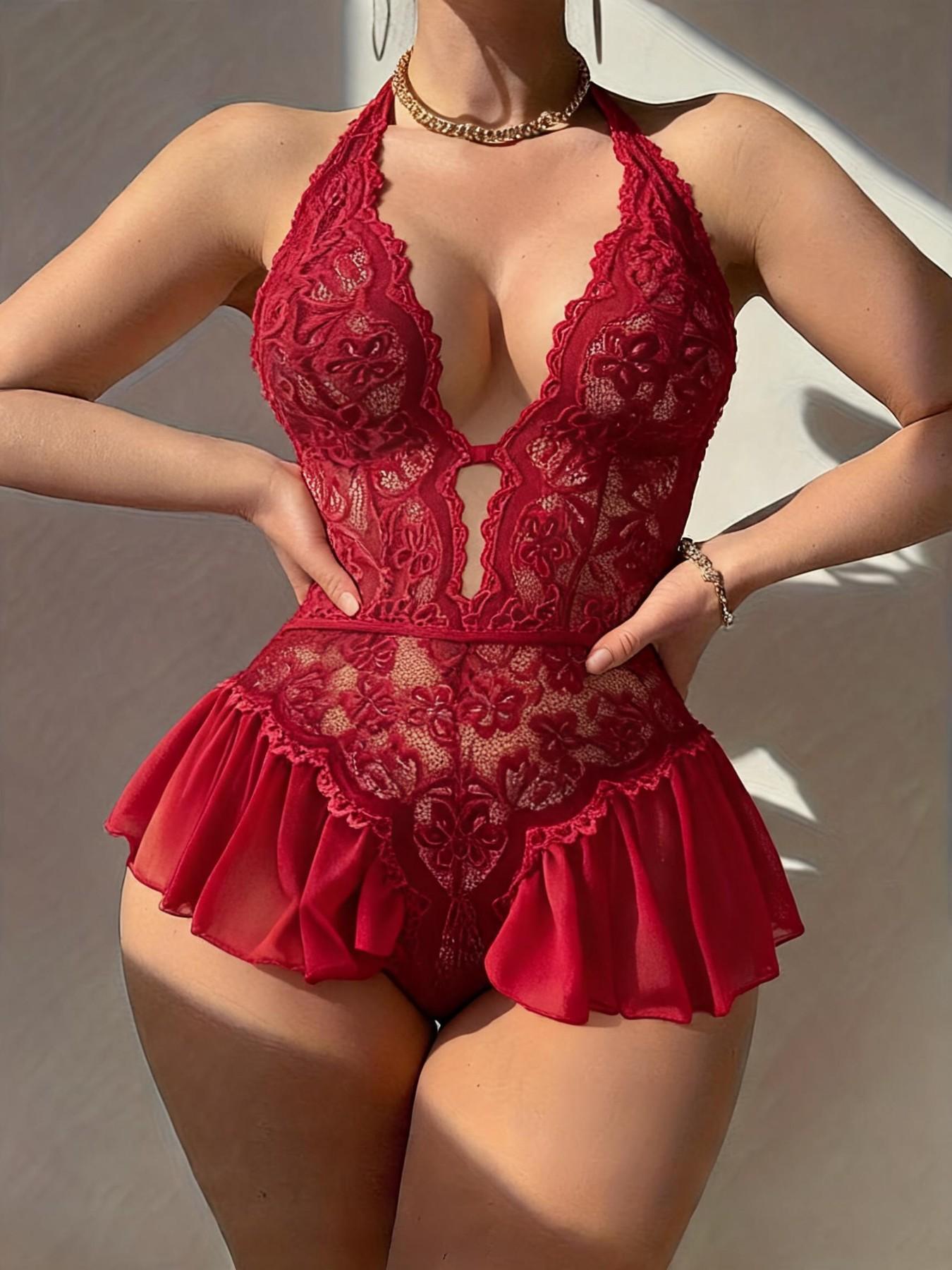 Women's Lace Jumpsuit, Halter Deep V Sheer Ruffle Design, Couples Date Night Pajamas, Elegant Plain Style, All Seasons Wear Women's Lace Jumpsuit, Halter Deep V Sheer Ruffle Design, Couples Date Night Pajamas, Elegant Plain Style, All Seasons Wear