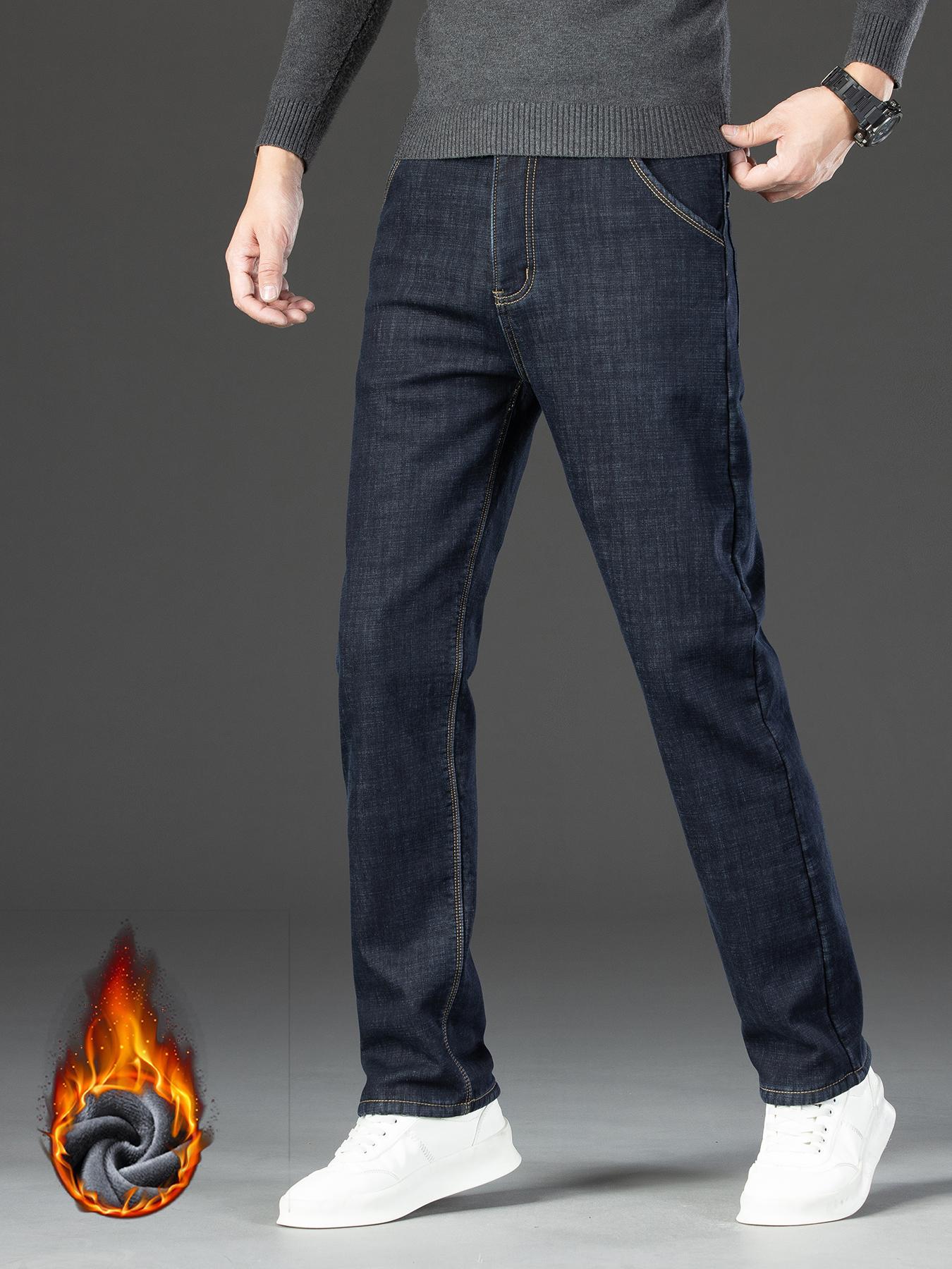 Men's Fleece Lined Denim Jeans, Loose Straight Leg Long Pants, Warm Fashionable Winter Washed Jeans, Casual All-Season Wear