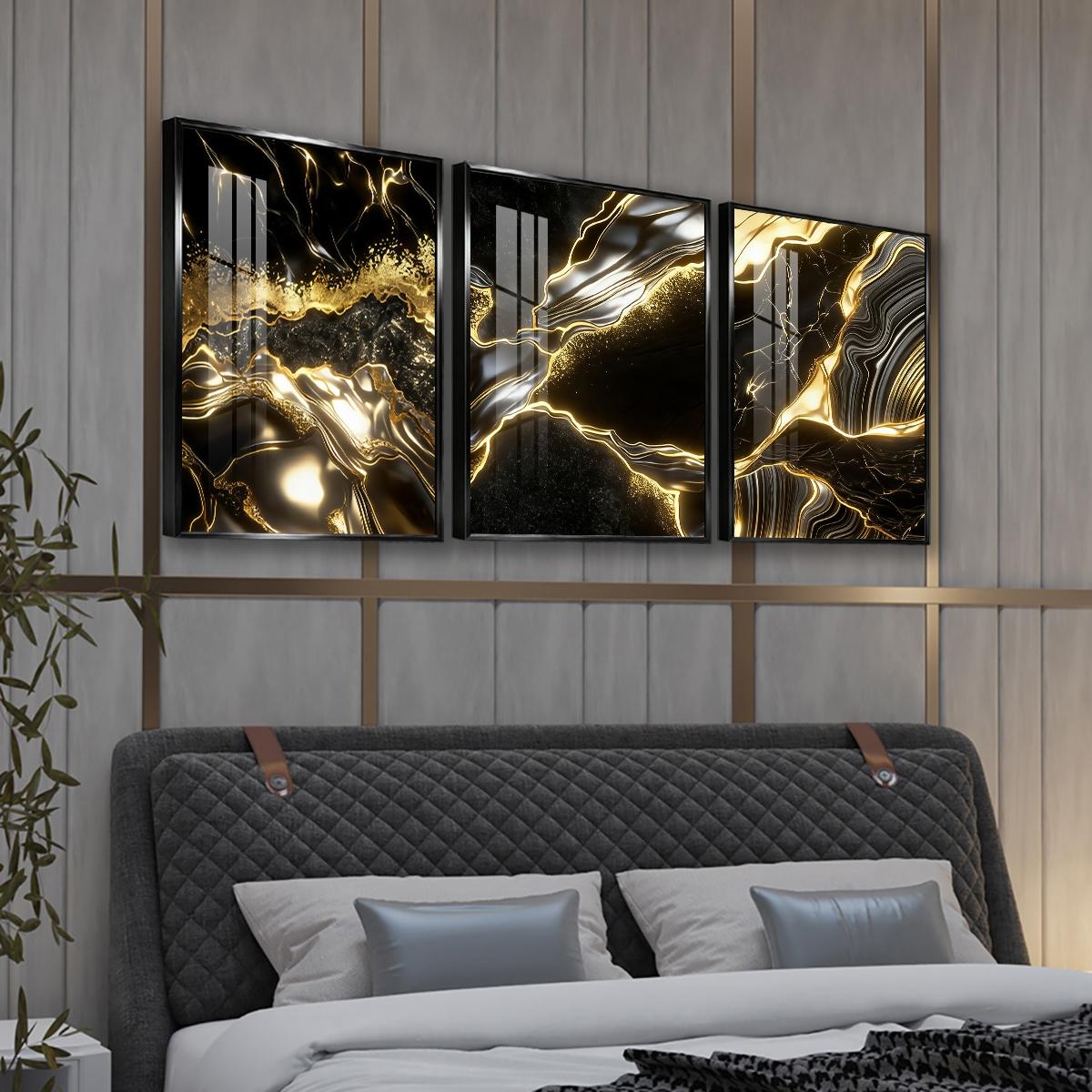 3 Counts Aluminum Alloy Framed Painting, Abstract Black And Gold Fluid Art Pictures, Home Decoration For Living Room, Bedroom, Office, Restaurant, Hallway Wall Decor, Odorless Print Artwork, Luxury Perfect Gift For Friends And Family