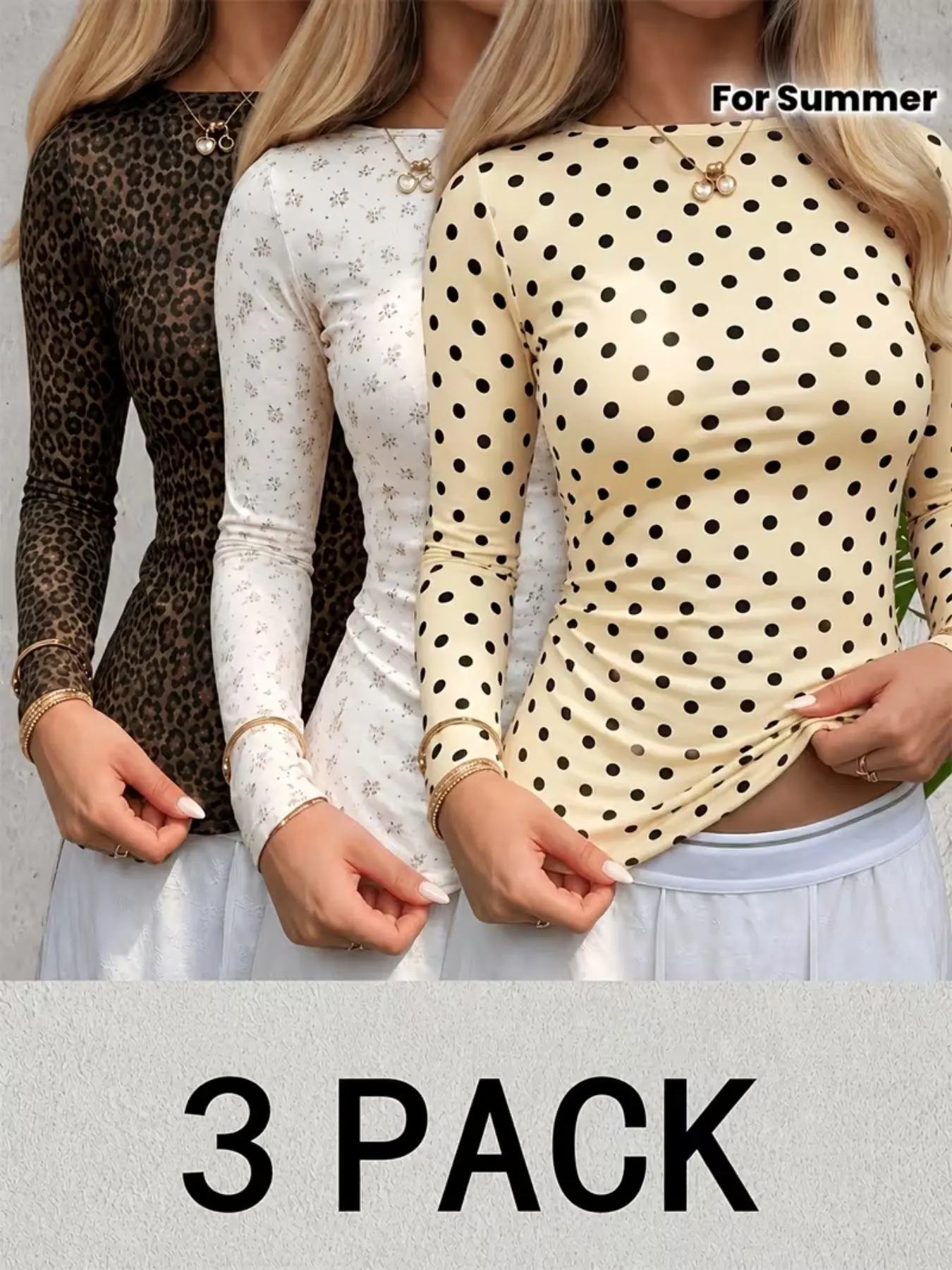 3-Pack Printed Long Sleeve Polyester Tops for Women, Round Neck Stretch Fitted Underwear, Sporty Geometric Design, Quick Dry, All Seasons