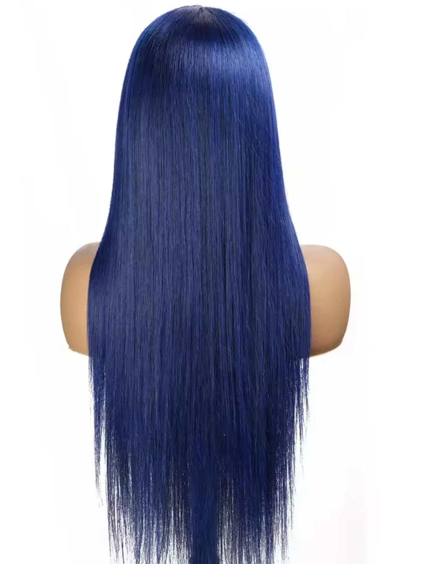 28-Inch Deep Blue Straight Wig for Women, Soft Lace Front, 180% Density, Pre-Plucked, No Glue, Heat Resistant, All Seasons