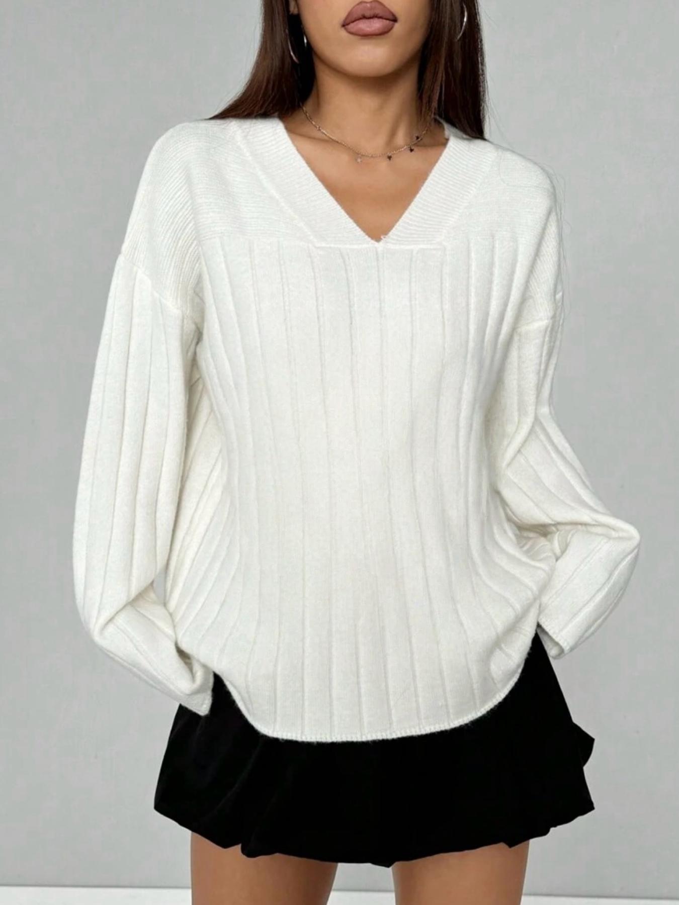 Women's Casual Loose-Fitting V-Neck Sweater Knitwear, Spring & Fall Fashion, Plain Color, Long Sleeve, Versatile and Comfortable