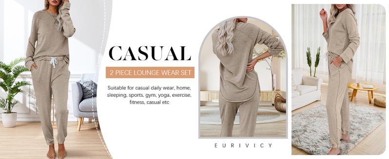 FISOEW Women's Solid Sweatsuit Set 2 Piece Long Sleeve Pullover and Drawstring Sweatpants Sport Outfits Sets viral  knit  set two piece set women two piece outfits matching sets women #TikTokShopBlackFriday #TikTokShopCyberMonday Sporty Round Neck