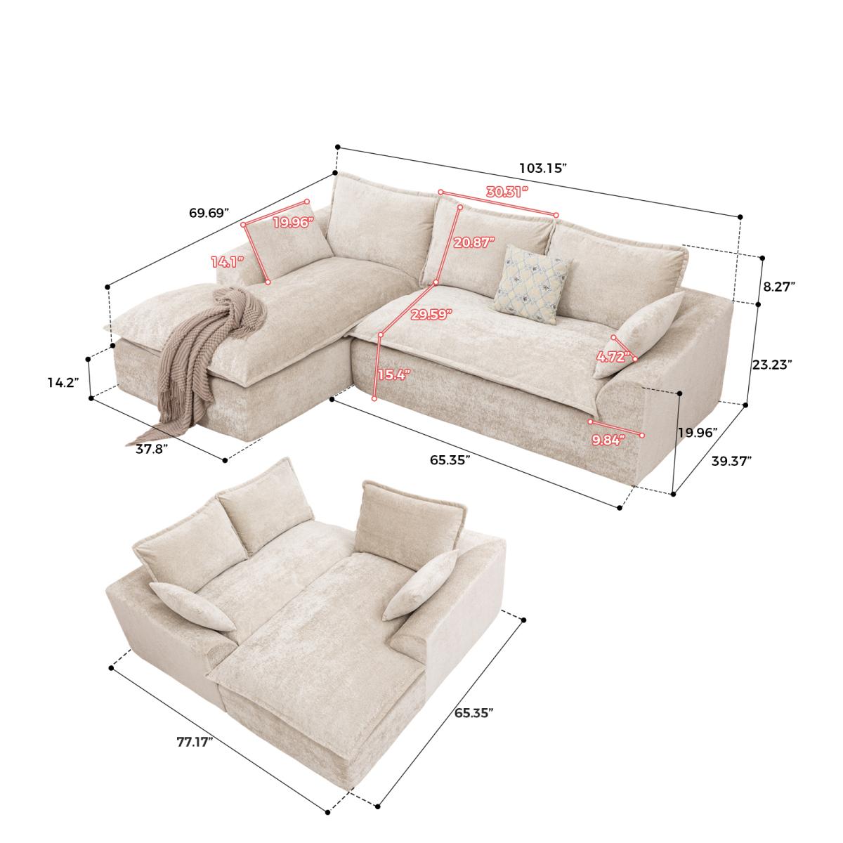Aobtkel®103 " L Shaped Modular Couch, Cloud Boneless Couch with Deep Seats & High Back , Upholstered Fabric Sofa, No Assembly Required(Beige)#Summervibes