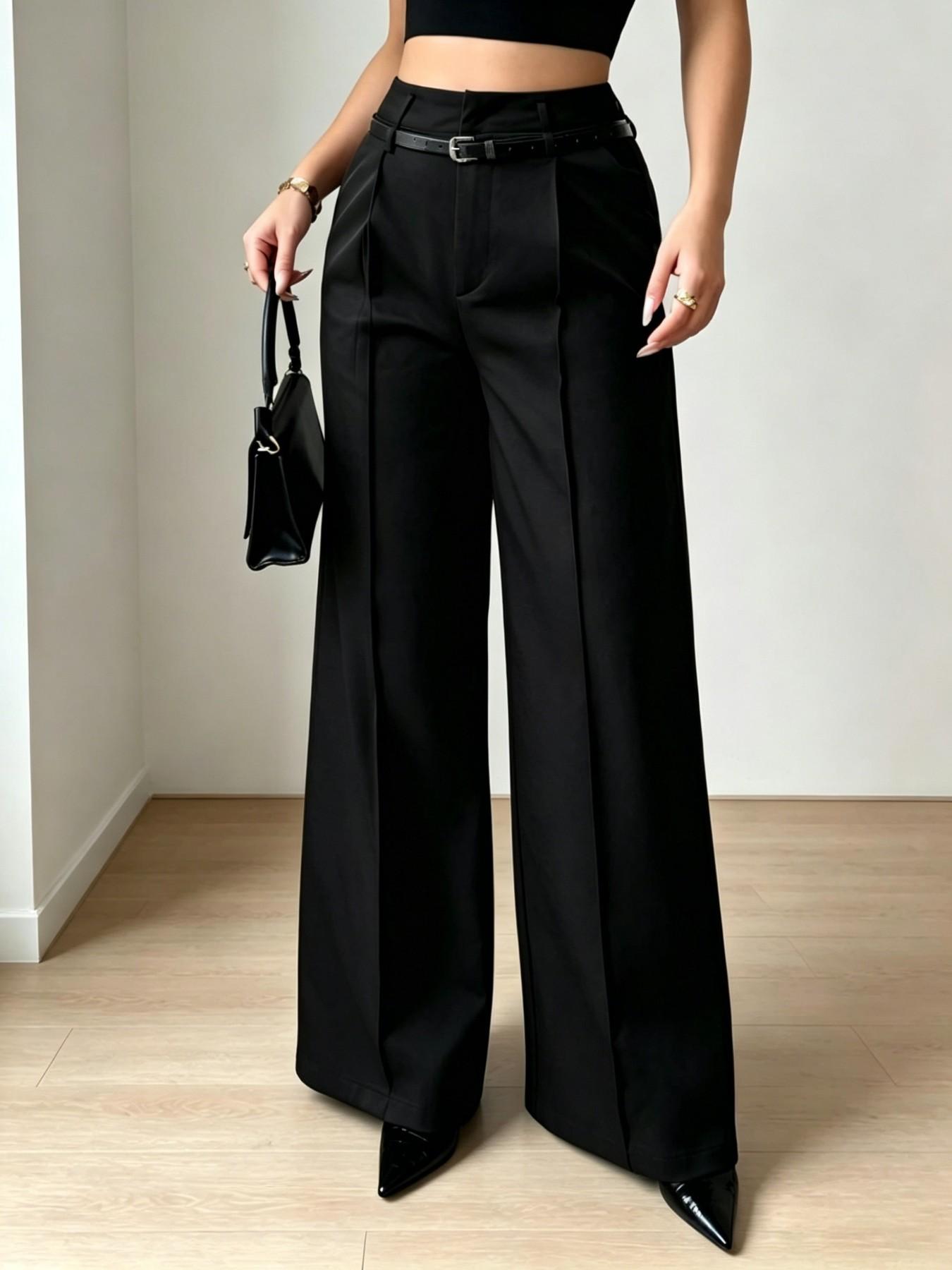 New Women's High-Waisted Wide-Leg Suit Pants, Button Pleated Design with Belt, Casual Elegant Comfortable Style for Daily Commute