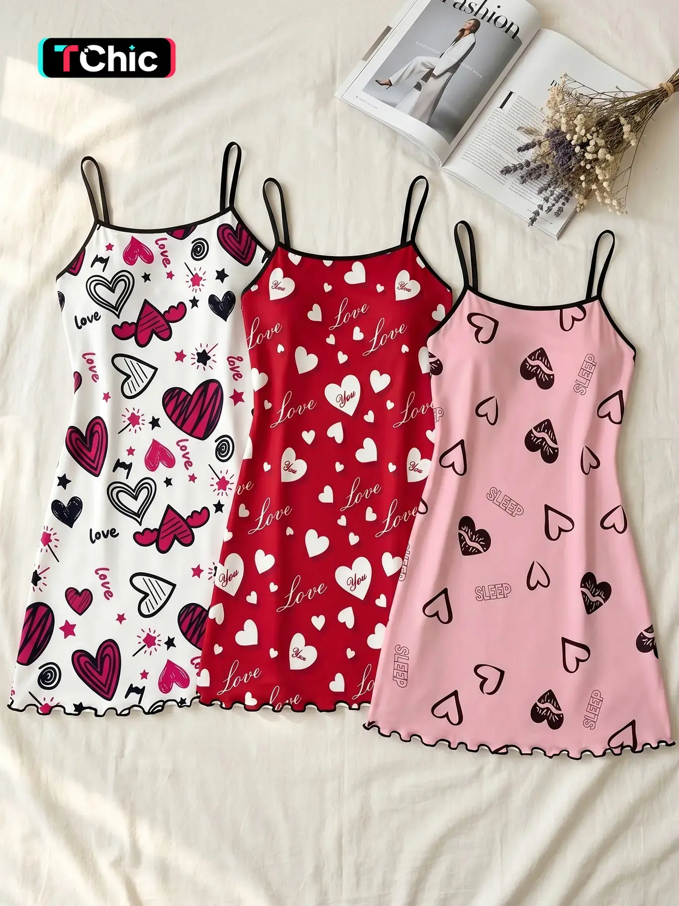 Women's 3 Pack Slip Spaghetti Strap Sleeveless Nightgowns, Casual Comfy Nightdress, All Season Wear, Heart Love Print Ruffle Hem, Lovecore Aesthetic Style, Loose Fit, Breathable, For Daily Home Wear, Casual Wear And Home Office, Nightwear Loungewear