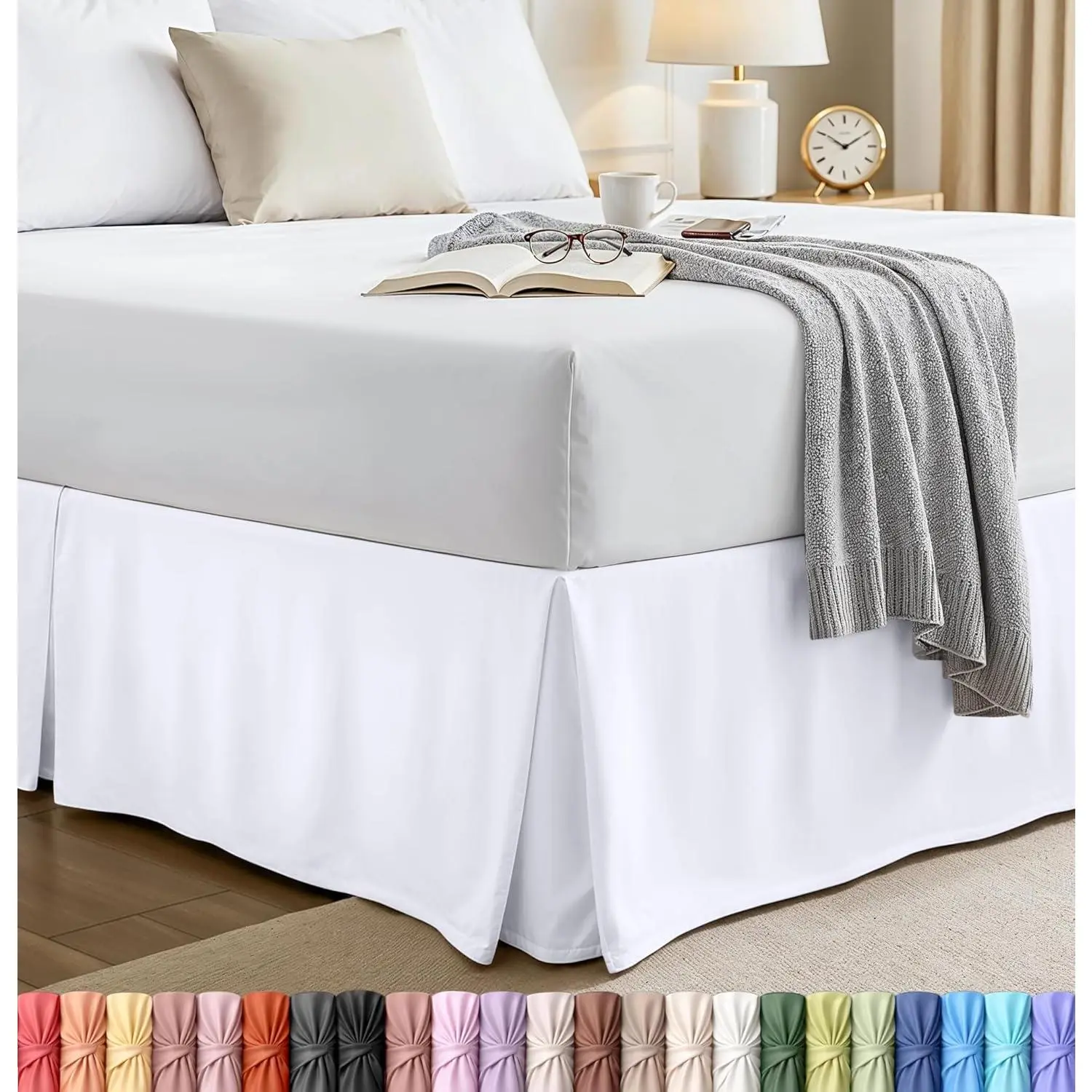 Queen Size Solid White Bedding Bed Skirt - Soft Quadruple-Pleated Ruffle - 16 in Tailored Easy-Fit Drop - Hotel-Quality, Shrinkage Fade Resistant