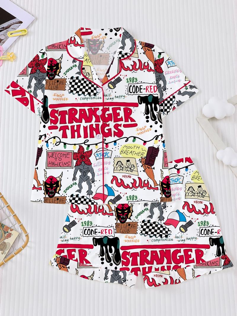 Stranger Things Kids Pajama Set, Cartoon Print Short Sleeves & Loose Fit Shorts, Casual Home Wear for Boys Girls