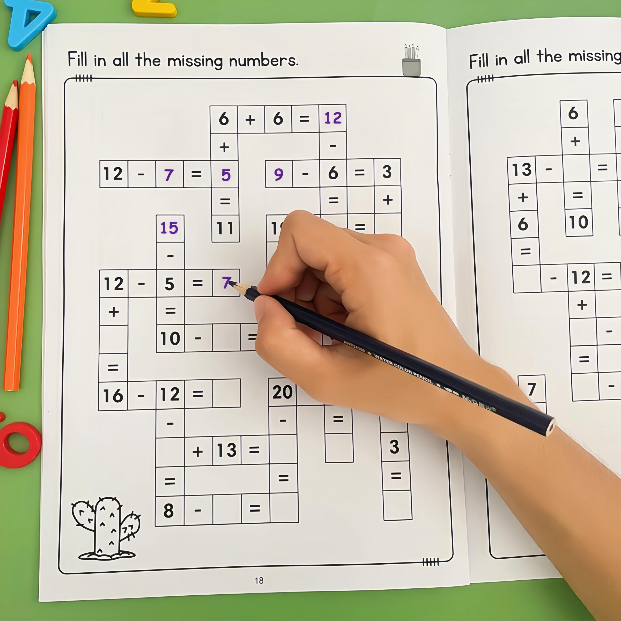 Math Addition and Subtraction Practice Book for Numbers 1-20, Fun Grid and Number Line Exercises, Early Education Learning Tool