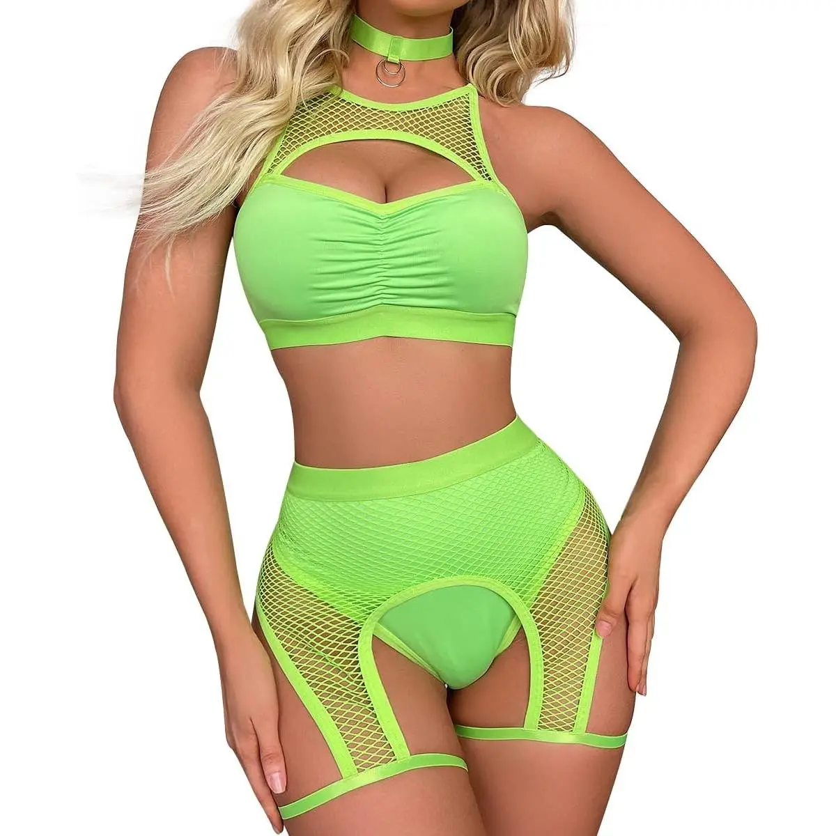Women's 3Pcs Festival Rave Outfit Set, Cutout Fishnet Top, Booty Shorts & Choker, Babydoll Nightwear Lingerie(Gift)