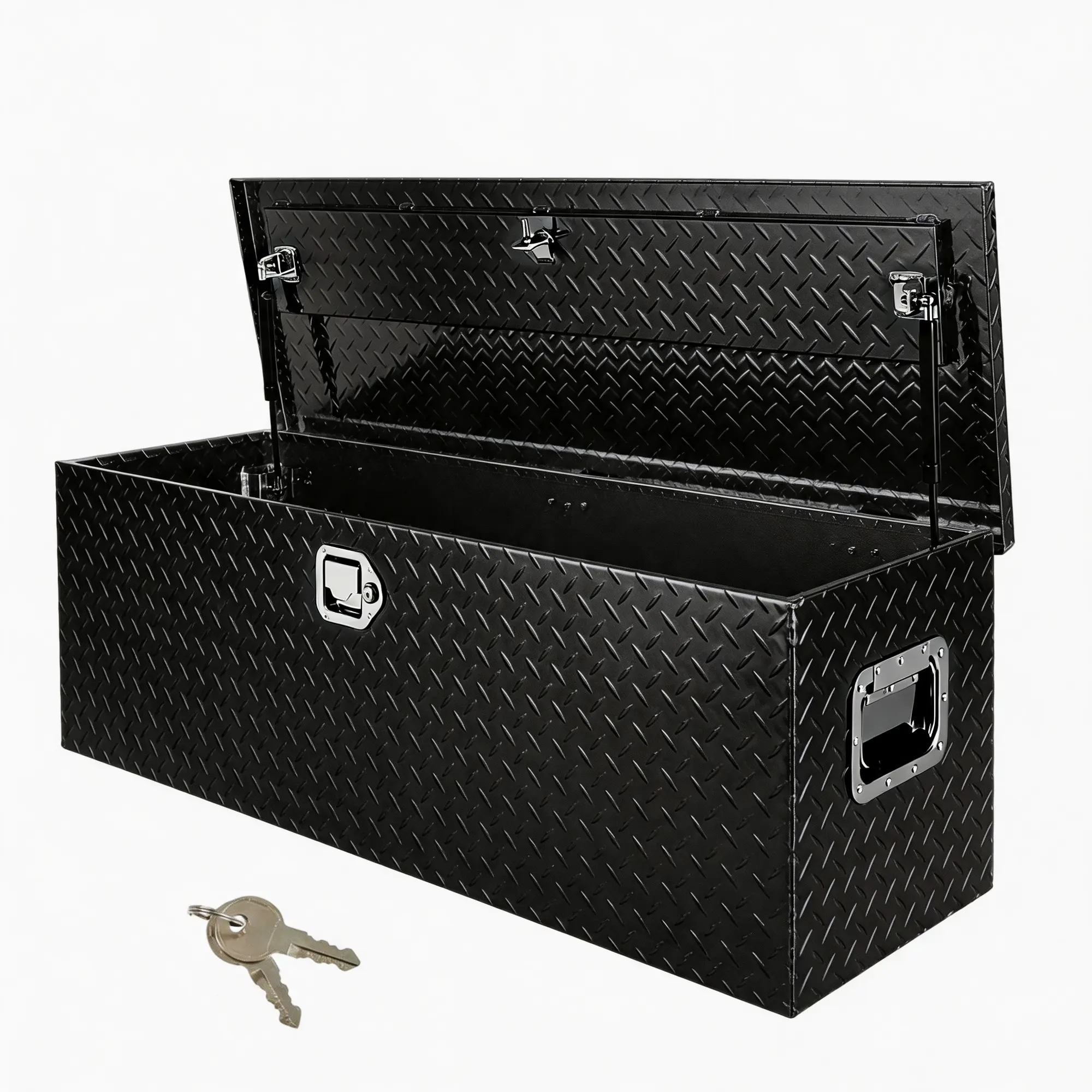 Heavy-Duty Lockable Aluminum Diamond Plate Truck Bed Tool Box - Weatherproof Storage Chest, Side Handles, Keys for Pickup Trucks & Trailers - Black, 48"x15"x15"