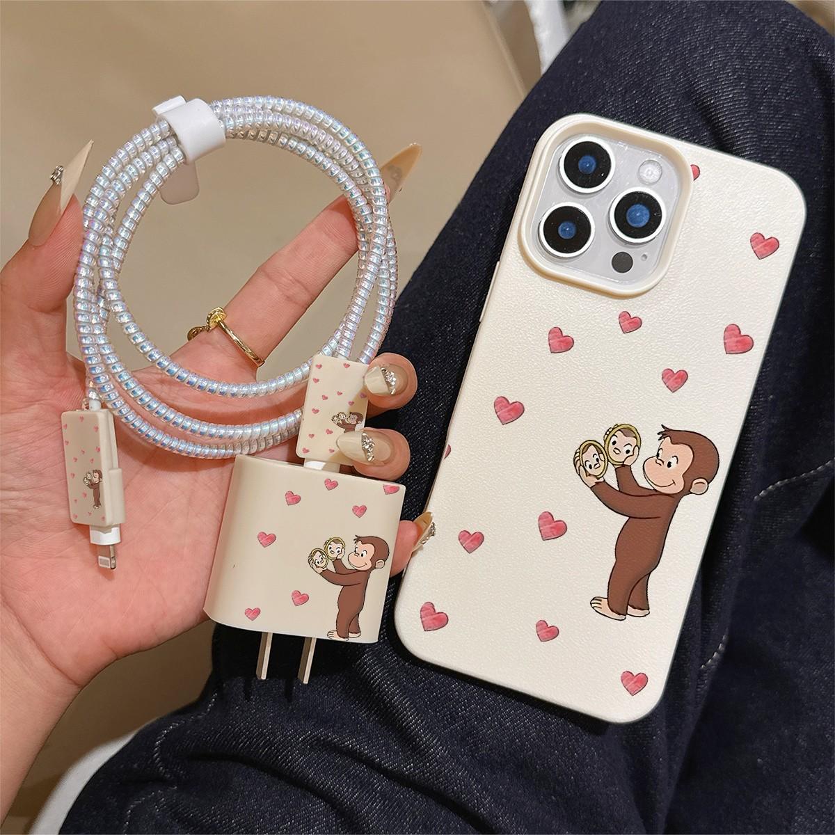 6-Piece Set Creative Heart Monkey Phone Case, Charging Head Cover, Cable Protector, Storage Rope, Data Line Protection for iPhone