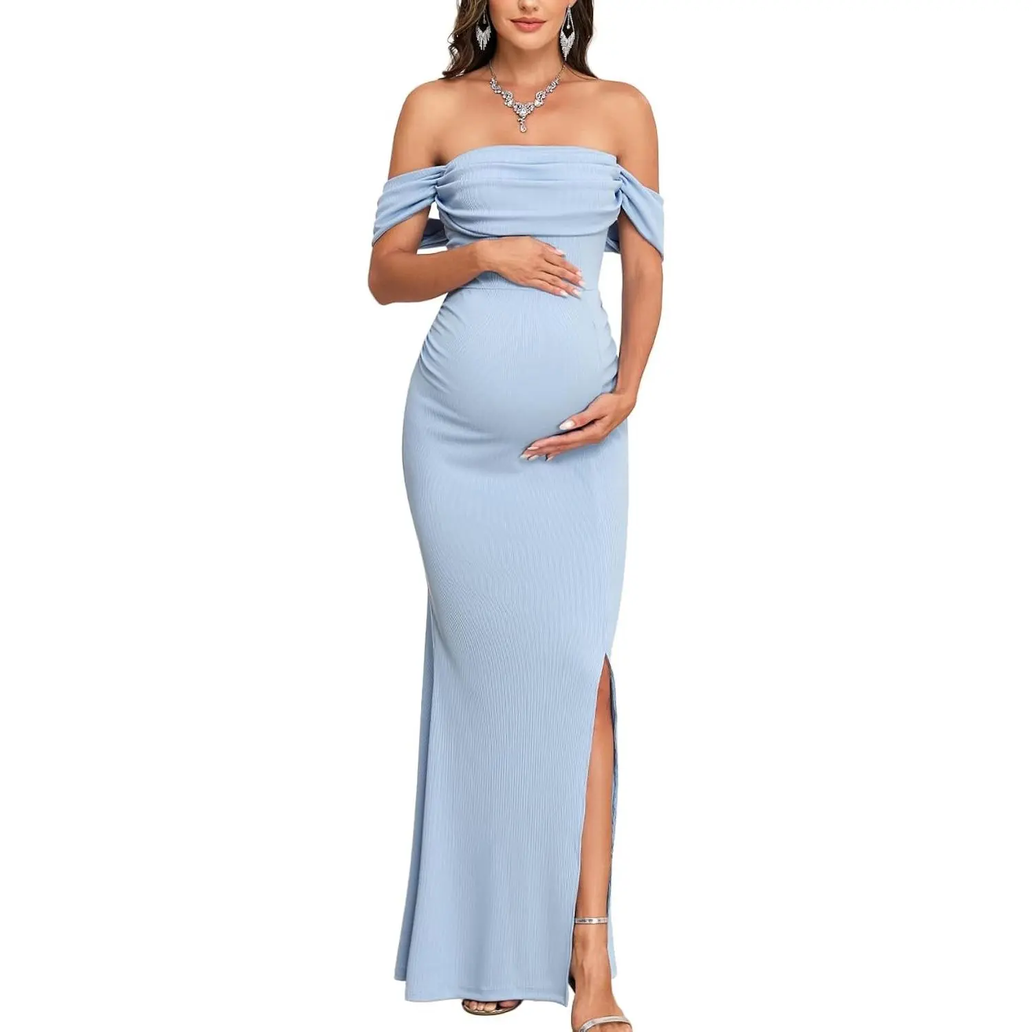 Off The Shoulder Maternity Dress Ruched Ribbed Knit Bodycon Mermaid Maxi Gown with Slit for Baby Shower Photoshoot