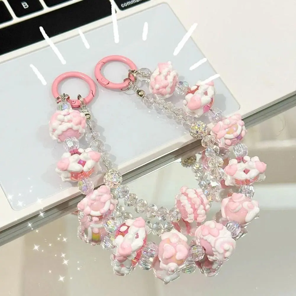 Cute Double Chain Mobile Phone Strap Cream Hand-painted Bag Pendant Keychain Beaded Phone Lanyard
