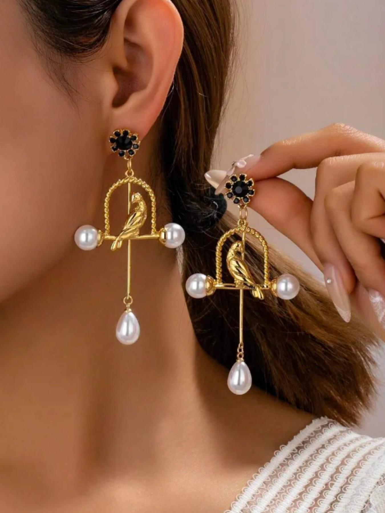 Vintage Long Courtly Feng Shui Bird Artificial Pearl Earrings, Unique Antique Style, Elegant Fashion Jewelry for Women, Party Gift Accessory