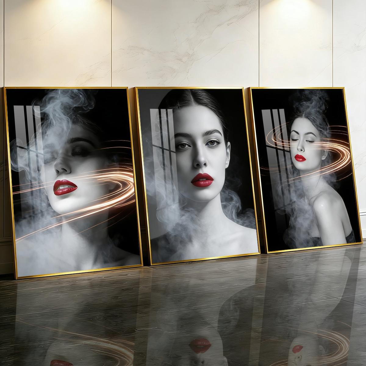3 Counts Aluminum Alloy Framed Painting, Abstract Smoke And Light Portrait Pictures, Home Decoration For Living Room, Bedroom, Office, Restaurant, Hallway Wall Decor, Odorless Print Artwork, Luxury Perfect Gift For Friends And Family