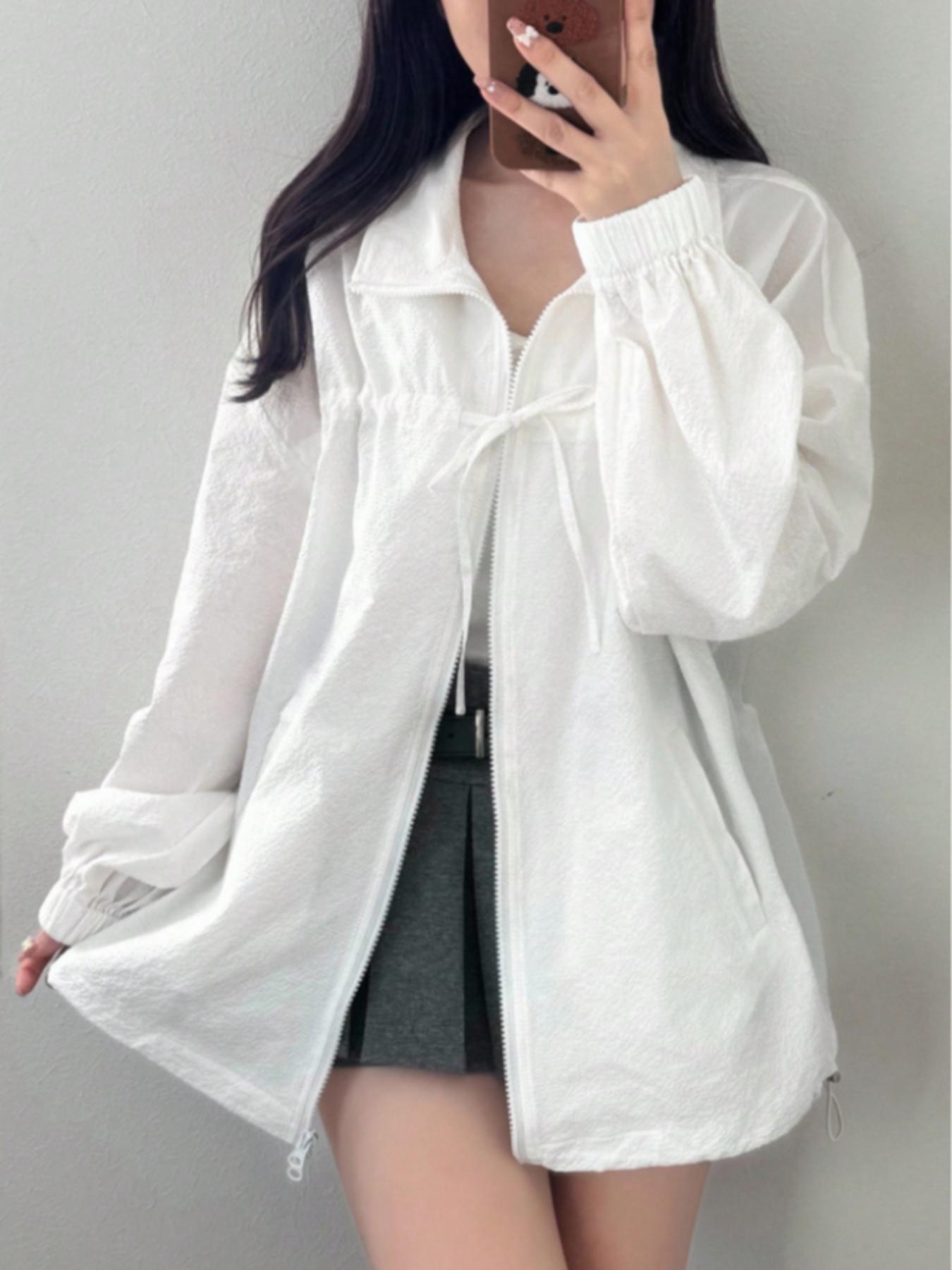 Women's Casual Streetwear Solid Color Textured Front Tie Bow Long Sleeve Fitted Zipper Drawstring Adjustable Jacket Coat Top, Stylish and Comfortable
