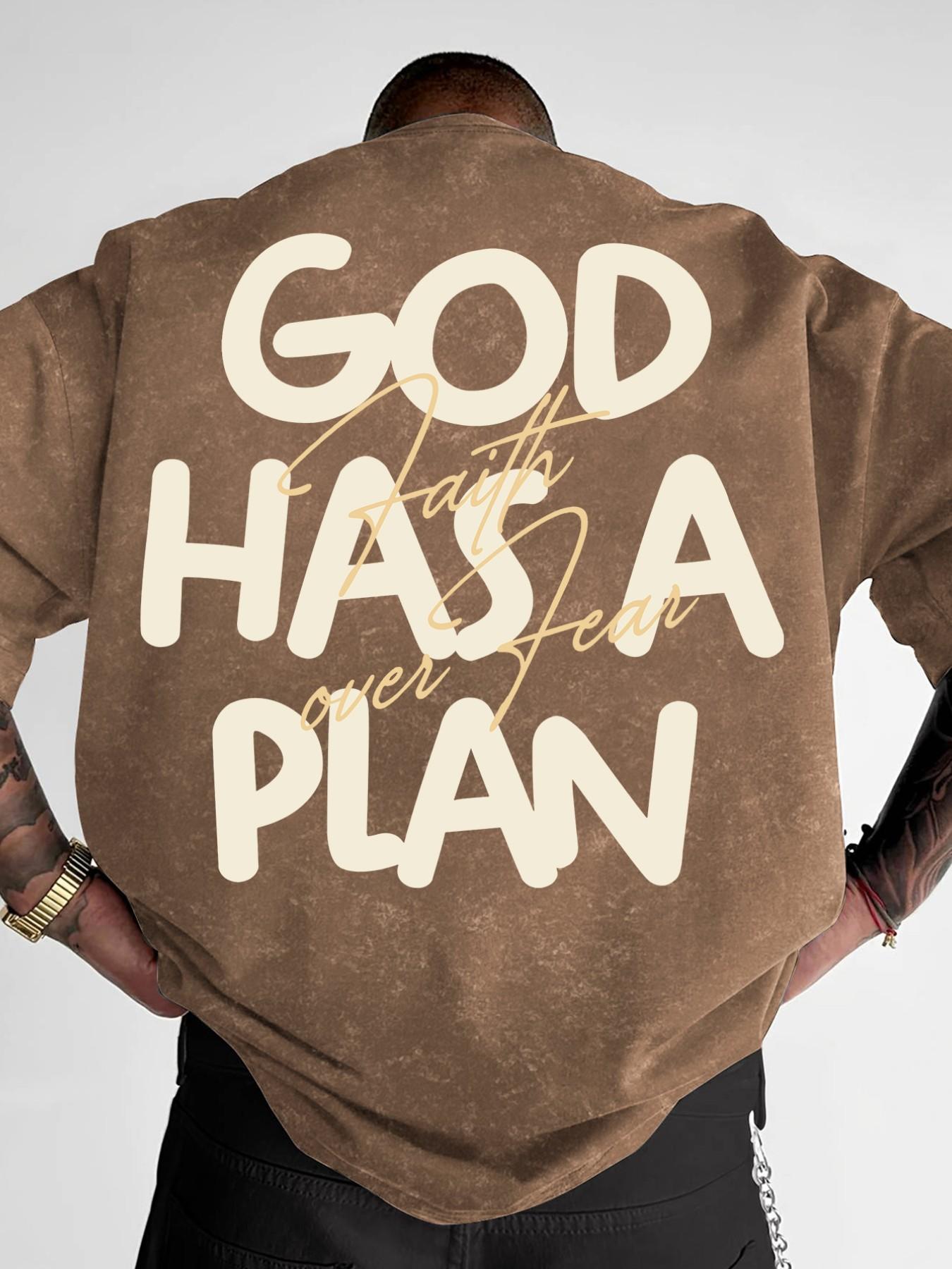 Men's Washed T-Shirt Printed with "God Has A Plan" & "Faith Over Fear", Streetwear Casual Short Sleeve Top, Slim Fit #FaithBasedTee #GodHasAPlan #WashedStreetwear #ChristianFashion #TikTokMadeMeBuyIt