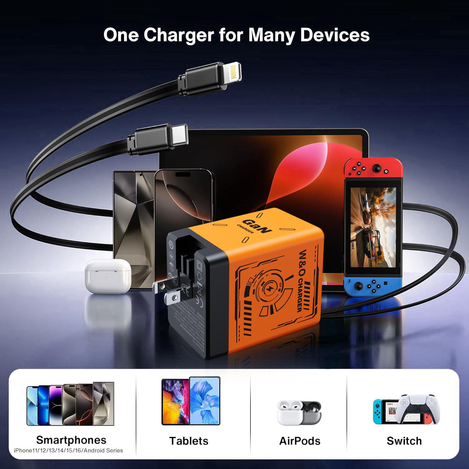 W&O 2 in 1 GaN Charger 80W MAX Fast Charger Folding Charging ortable Yellow Charging Block 2-Port Fast Compact GaN Charger