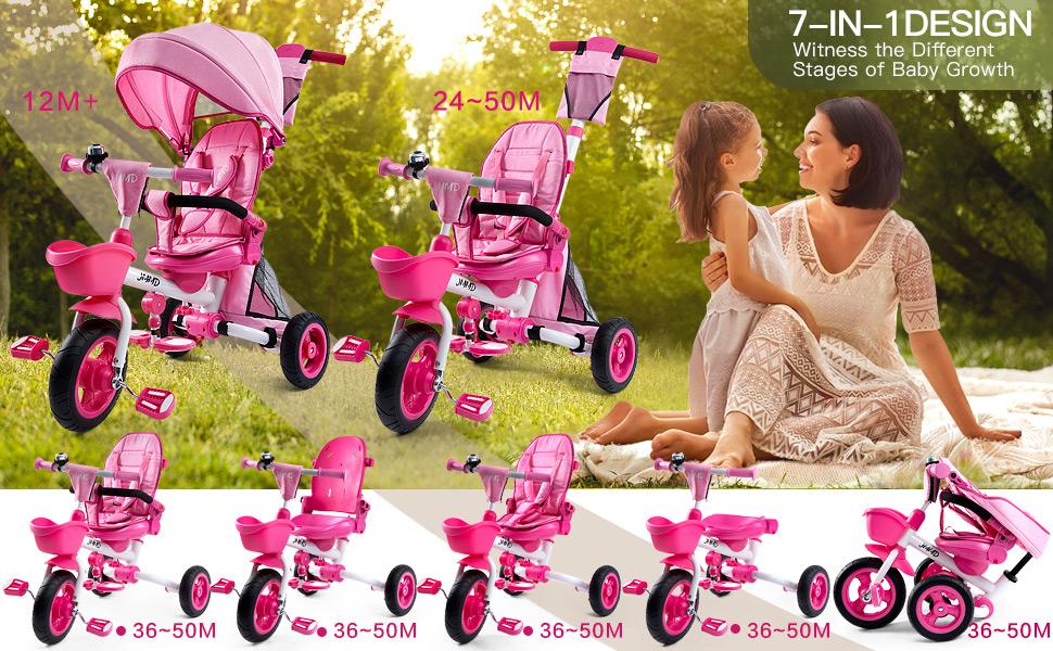 JMMD Baby Trike, 6-in-1 Kids Tricycle with Adjustable Push Handle, Removable Canopy, Safety Harness for 18 Months - 5 Year Old, Gray