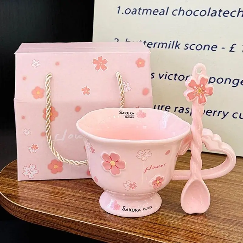Sakura Relief Ceramic Mug with Spoon Pink Cute High Foot Design for Women Home Use Coffee Cup Souvenir Gift