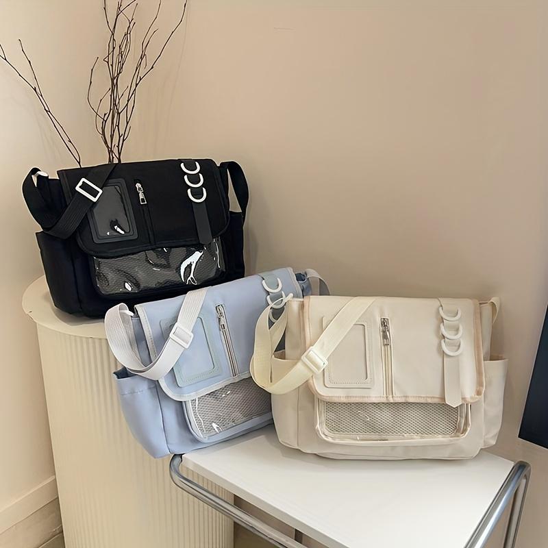 Fashion Casual Ita Crossbody Bag for Students, Lace-Up Slouch Shoulder Bag with Mesh Pocket & Clear Card Slot, Versatile Daily Commute & School Tutoring Bag