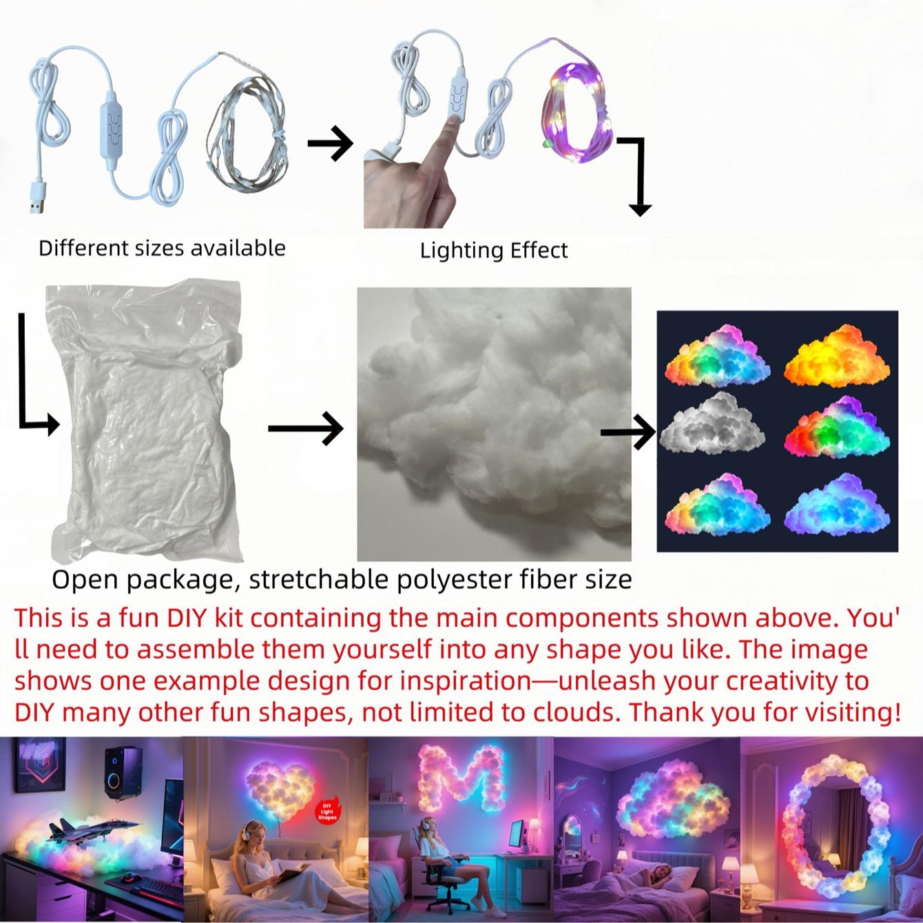 2/4/6-meter intelligent thundercloud light, DIY decorative light, with music synchronization, RGB color change, USB power supply, non waterproof, for bedroom, living room, game room, holiday decorative wall lights/night lights, Led Mood Light