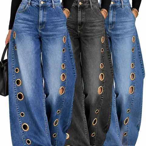 Women's Wide Leg Jeans with Side Metal Rings, Sexy Plain Design, Loose-Fitting, Baggy Jeans, All Seasons, Unlined, Multicolor, Long Pants