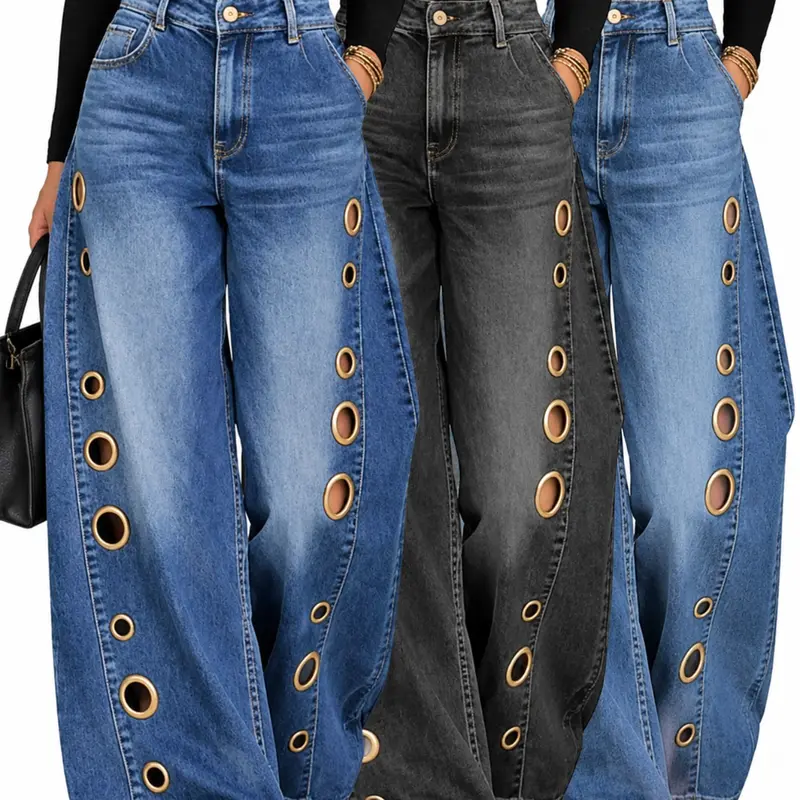 Women's Wide Leg Jeans with Side Metal Rings, Sexy Plain Design, Loose-Fitting, Baggy Jeans, All Seasons, Unlined, Multicolor, Long Pants