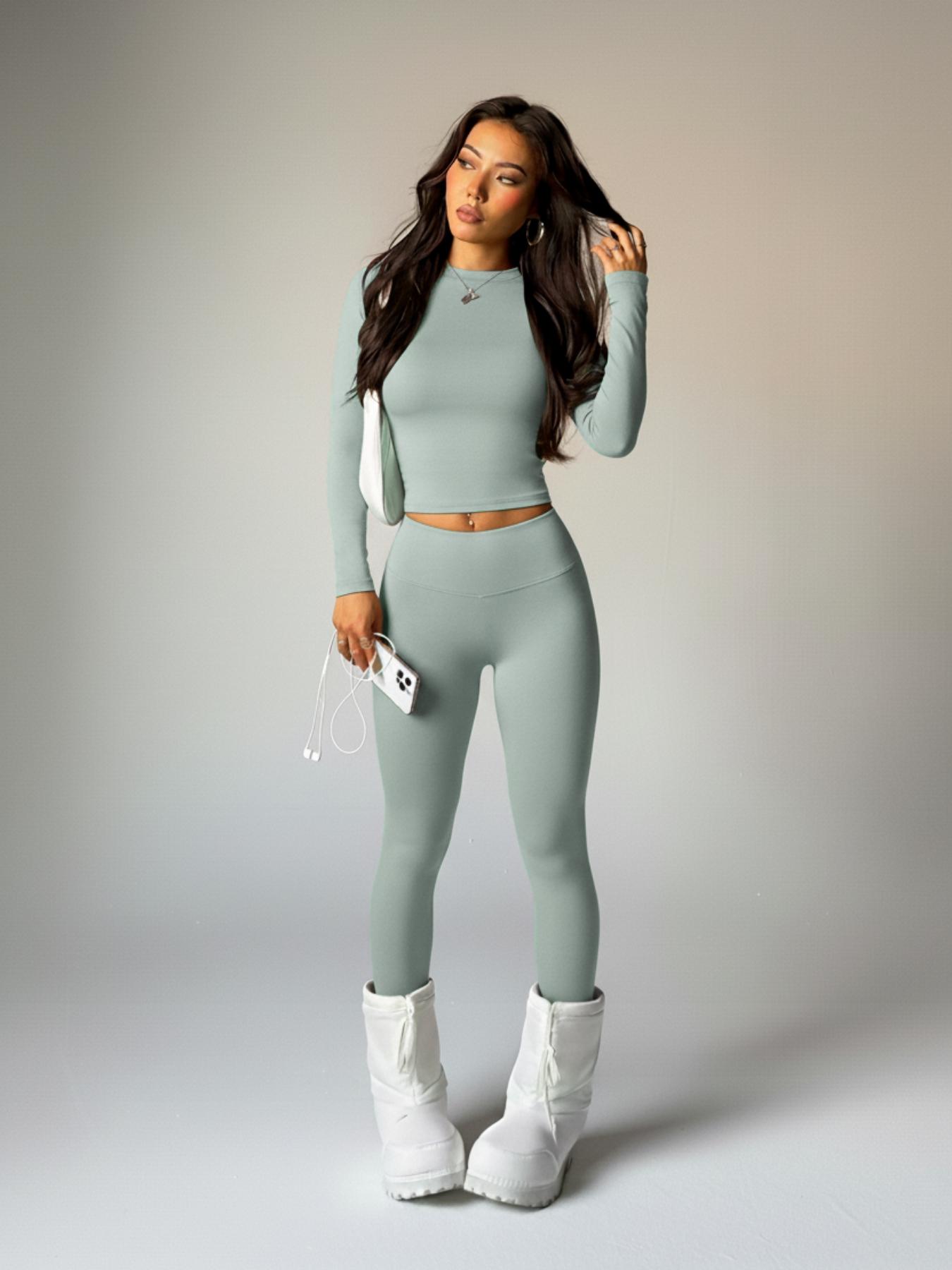 Women's Sporty Two-Piece Set, Round Neck Long Sleeve Top & High Waist Tight-Fit Pants, Breathable Comfortable Yoga Gym Wear, Breathable Activewear, Athleisure Wear Set, Athletic Style Activewear