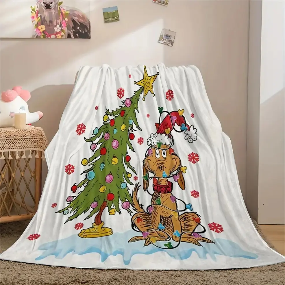 Flannel Throw Blanket, Leg Cover Blanket, Air Conditioner Blanket, Cartoon Christmas Green Monster and Christmas Tree Pattern, Soft and Comfortable Flannel Hug Blanket, Baby Blankets and Adult Blankets, Suitable for Christmas Decoration, Perfect Gift Choi