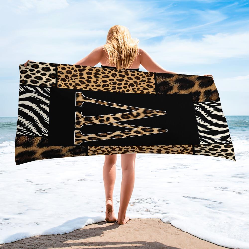 Luxe Animal Print Letter A-Z Beach Towel, Leopard Zebra Patchwork Pool Towel, Wild Safari Camping Towel, Soft Absorbent Bath Towel Blanket for Women Teens Girls, All-Purpose Towel for Travel Swimming Vacation