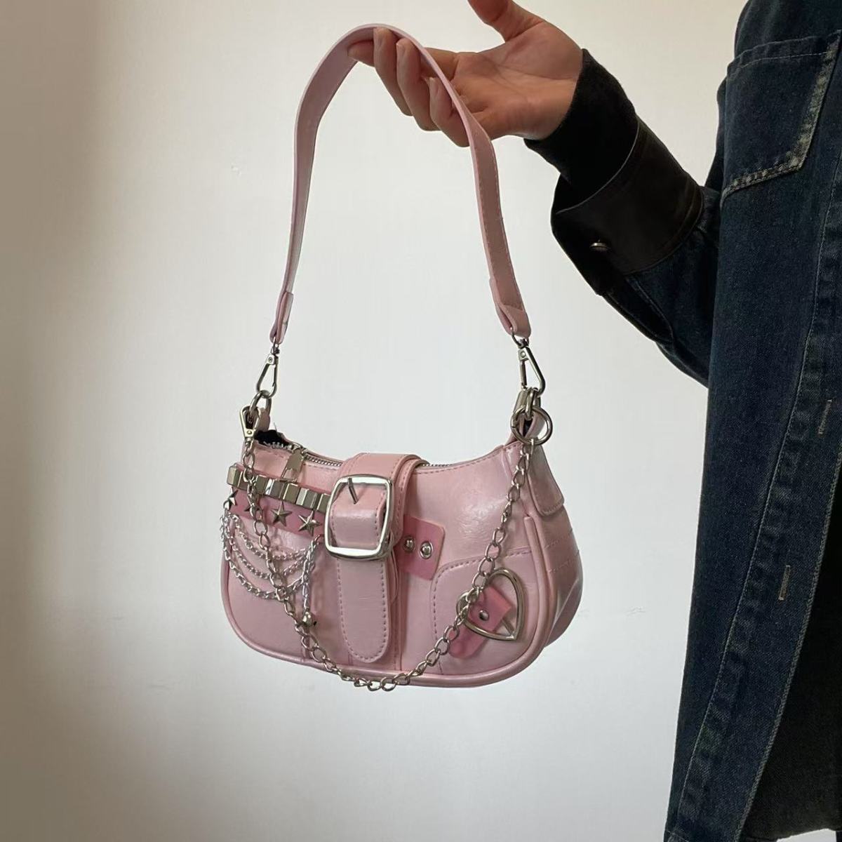 Fashion Hot Girls Square Shoulder Bags Retro Rivet Star Women's Underarm Bag Sweet Pu Leather Female Chain Handbags Pink Purse
