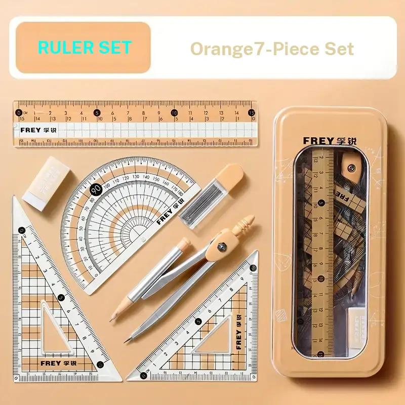Ruler Set with Storage Box, Measuring Ruler, 7 Counts/set Including Compass & Ruler & Protractor & Eraser & Refill, Stationery Supplies for School Students Dormitory Home Office