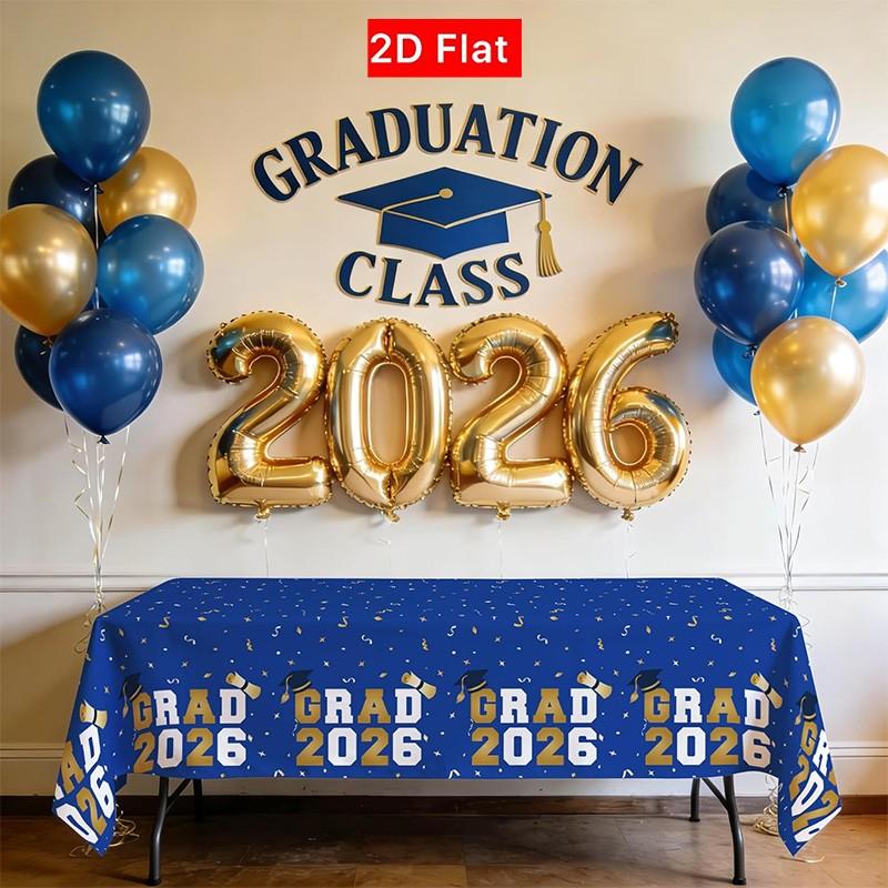 2D Flat Party Tablecloth 1pc, Graduation Ceremony Tablecloth, Grad 2026 Blue Text, Essential Decoration, No Power Needed