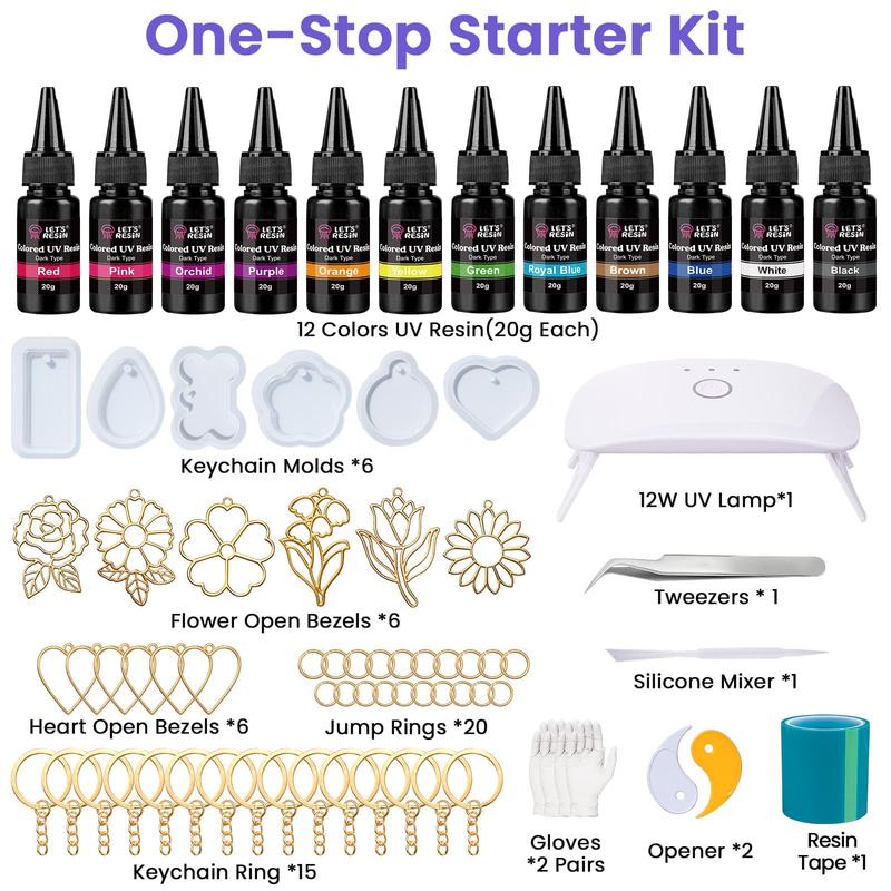 All-Inclusive Keychain Making Kit, 12-Color UV Resin with Keychain Molds Silicone, Christmas Gifts,UV Light, 6 Styles Flower and Heart Open Bezels for Resin, Jewelry Making Kit for Beginners, Craft Decor - LET'S RESIN All-Inclusive Keychain Making Kit, 12-Color UV Resin with Keychain Molds Silicone, Christmas Gifts,UV Light, 6 Styles Flower and Heart Open Bezels for Resin, Jewelry Making Kit for Beginners, Craft Decor - LET'S RESIN