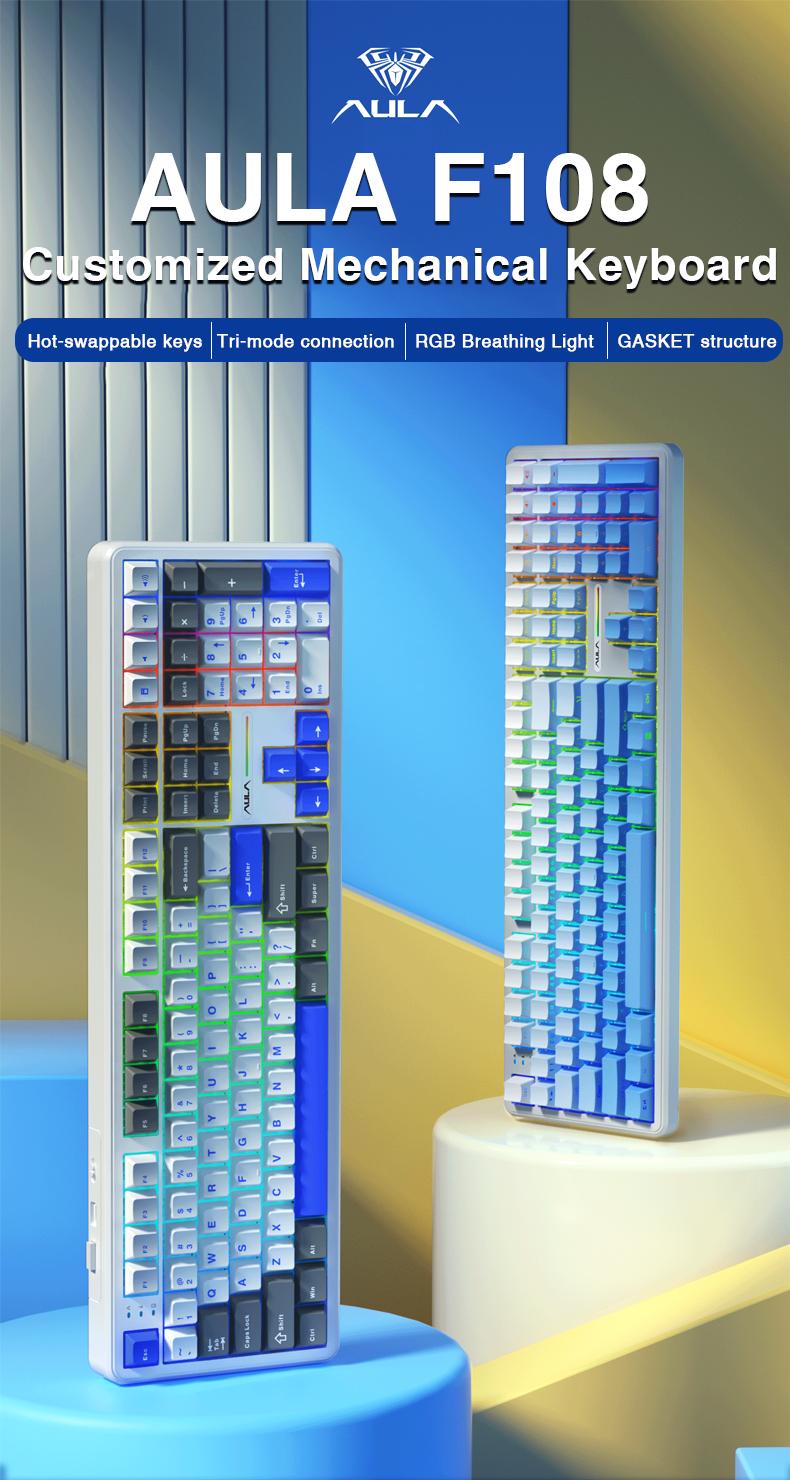 AULA F108 Pro & F108 Wireless Mechanical Keyboard, Three-Mode Connection, Hot Swappable Pads Custom Keyboard RGB Rainbow Backlight for PC/Tablet/Xbox/PS4/PS5 Boyfriend Gift Full Size Numeric Keyboard Office Computer Accessories  TikTokShopfalldealsforyou