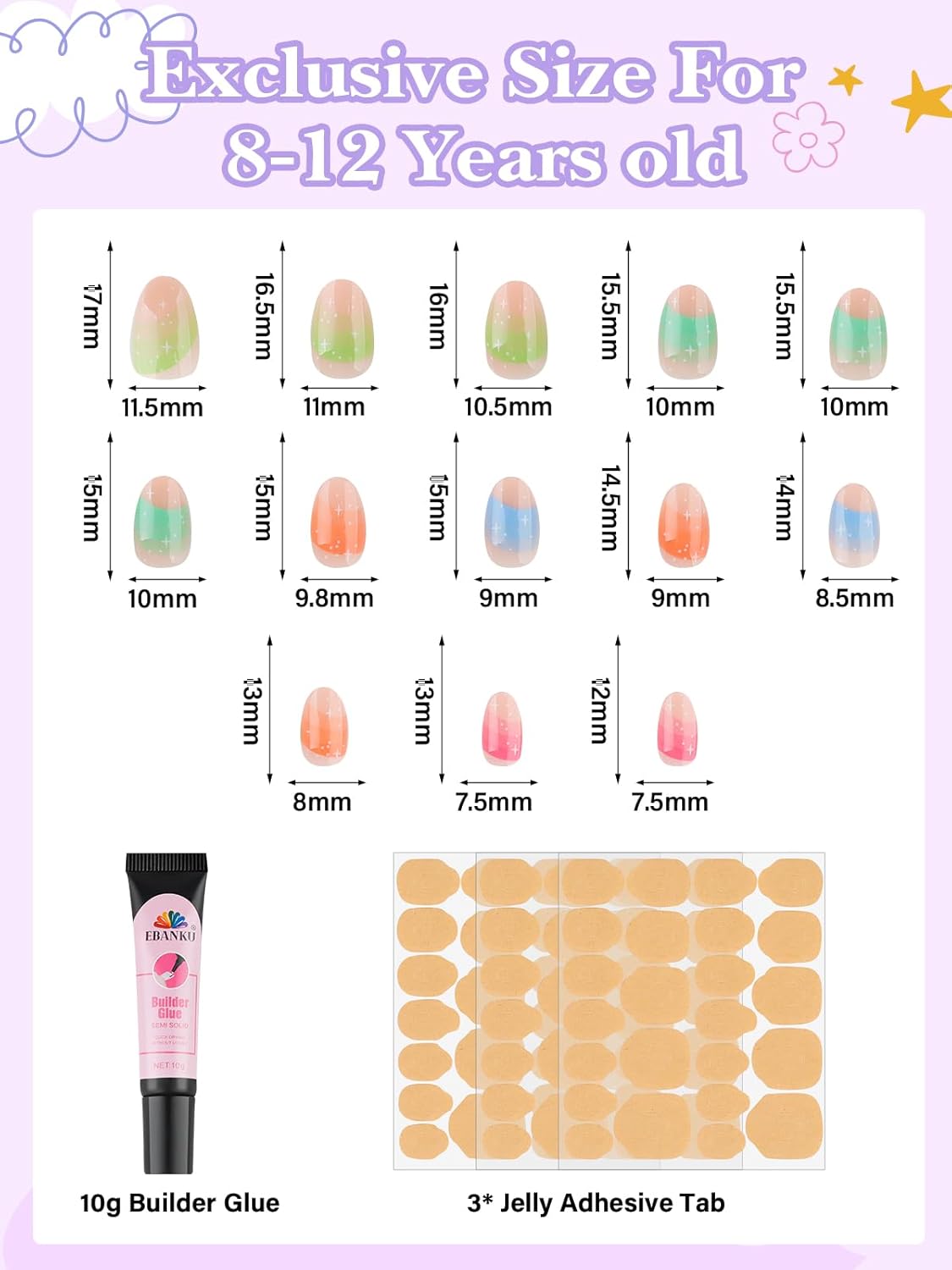 EBANKU Press on Nails Kit for Kids,Includes 156、144、130、78、24 Pieces Per Pack,Colorful Flower Almond Fake Nail Tips for Girls, Kid Fake Nail Kit for Girls 8-12 Years Old with Jelly Nail Adhesives Birthday Gifts Holiday Haul Diy,EasterNails